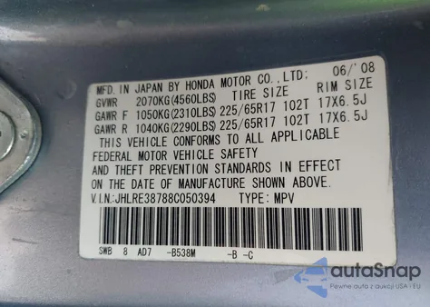 2008 Honda Cr-V Ex-L z USA, uszkodzony, nr VIN JHLRE38788C050394
